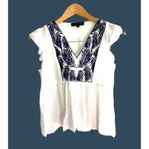 GIBSON- Womens White and Lake a lie Embroidered Ruffle Sleeve Top Size Small